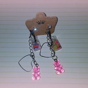 Fruit Soda Decor Resin Charm, Silver Heart Charm, Pink Gummy Bear Y2K Earrings